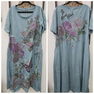 Light Blue Floral Butterfly Mini Dress - Relaxed Fit